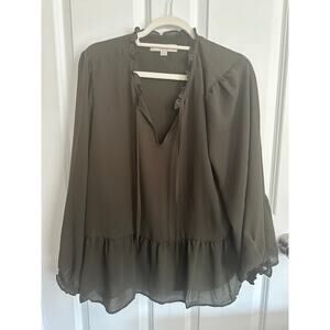 LOFT Petites Khaki Green L/S Ruffle Detail Blouse XXLP